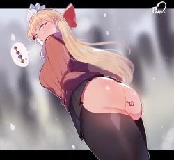 Rule 34 | 1girl, anal, anal beads, anal object insertion, arm behind back, ass, black pantyhose, blonde hair, blue eyes, blunt bangs, bow, braid, breasts, commentary request, creatures (company), crotchless, crotchless pantyhose, crown braid, from behind, game freak, hair bow, heart, heart-shaped pupils, highres, large breasts, letterboxed, nieves (luxu), nintendo, no panties, nyantcha, object insertion, original, outside border, pantyhose, pokemon, public indecency, public vibrator, red bow, red sweater, ribbed sweater, scarf, sex toy, snowing, solo, speech bubble, straight hair, sweater, symbol-shaped pupils, thick thighs, thighs, vibrator