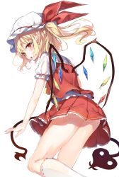 Rule 34 | 1girl, bad id, bad twitter id, blonde hair, blush, flandre scarlet, hat, hat ribbon, highres, kneehighs, laevatein, looking at viewer, miniskirt, mob cap, niito, pointy ears, puffy short sleeves, puffy sleeves, red eyes, red ribbon, red skirt, ribbon, ribbon-trimmed legwear, ribbon trim, short sleeves, side ponytail, simple background, sketch, skirt, skirt set, slit pupils, socks, solo, touhou, vest, white background, white socks, wings