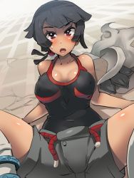 Rule 34 | 10s, 1girl, bare shoulders, black hair, blush, boris (noborhys), breasts, cleavage, creatures (company), game freak, grey hair, large breasts, looking at viewer, maroon eyes, nintendo, one-piece swimsuit, open mouth, pokemon, pokemon oras, red eyes, short hair, shorts, simple background, solo, swimsuit, zinnia (pokemon)