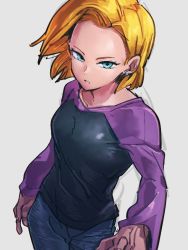 Rule 34 | 1girl, android 18, black shirt, blonde hair, blue eyes, blue pants, dragon ball, dragon ball super, earrings, grey background, jewelry, kemachiku, long sleeves, looking at viewer, pants, parted lips, purple shirt, purple sleeves, shirt, short hair, simple background, solo, two-tone shirt