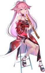 Rule 34 | 1girl, alternate hairstyle, animal ears, artist request, bad source, bare shoulders, bow, chair, collarbone, crossed bangs, earrings, floral print, flute, folding chair, fox ears, full body, genshin impact, hair ornament, hair stick, high ponytail, holding, holding instrument, instrument, japanese clothes, jewelry, kimono, knees together feet apart, long hair, looking at viewer, obi, off shoulder, official alternate costume, official art, parted lips, pink hair, ponytail, purple eyes, red bow, red kimono, sandals, sash, shakuhachi, simple background, sitting, smile, solo, third-party source, transparent background, yae miko