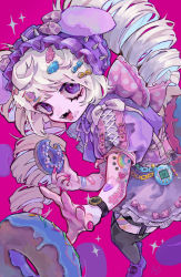 Rule 34 | 1girl, :d, absurdres, black thighhighs, blonde hair, bow, doughnut, dress, drill hair, fangs, food, garter straps, hair ornament, hairband, headdress, highres, holding, holding food, lolita fashion, long hair, nail polish, open mouth, original, pink background, pink nails, puffy short sleeves, puffy sleeves, purple eyes, purple footwear, shoes, short sleeves, smile, solo, sparkle, teeth, thighhighs, tira 27, tongue, tongue out, twin drills, twintails, upper teeth only, watch, wristwatch