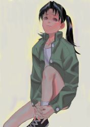 Rule 34 | 1girl, amasawa yuuko, black hair, closed mouth, commentary request, dennou coil, glasses, jacket, looking at viewer, medium hair, simple background, solo, twintails