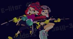 Rule 34 | 1boy, 1girl, back-to-back, beanie, black pants, black shorts, blue eyes, blunt bangs, closed mouth, commentary, cross-laced footwear, e-liter 4k (splatoon), english commentary, english text, floating, goggles, goggles on head, green eyes, green footwear, grey skirt, hat, high tops, holding, holding weapon, imaikuy0, inkling, inkling boy, inkling girl, inkling player character, jacket, light frown, light smile, long sleeves, looking at viewer, mask, medium hair, multicolored clothes, multicolored jacket, nintendo, no socks, pants, pointy ears, red hair, red headwear, shoes, shorts, shorts under skirt, skirt, sneakers, tentacle hair, weapon, yellow footwear, yellow jacket