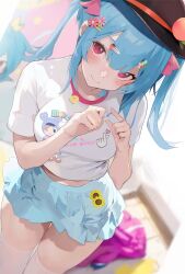 Rule 34 | 1girl, alternate costume, alternate hairstyle, black hat, blue skirt, blush, breasts, closed mouth, clothes writing, food, fruit, hair between eyes, hat, highres, hinanawi tenshi, looking at viewer, medium breasts, medium hair, midriff, peach, red eyes, shirt, short sleeves, skirt, smile, solo, t-shirt, tetsurou (fe+), thighhighs, thighs, touhou, white shirt, white thighhighs, zettai ryouiki