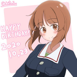Rule 34 | 1girl, 6xtu2, blue jacket, brown eyes, brown hair, closed mouth, commentary, dated, english text, girls und panzer, green shirt, happy birthday, jacket, long sleeves, looking at viewer, military, military uniform, nishizumi miho, ooarai military uniform, school uniform, shirt, short hair, smile, solo, twitter username, uniform