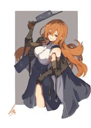 Rule 34 | 1girl, bare shoulders, blue skirt, breasts, brown gloves, clothing cutout, elbow gloves, extra arms, gloves, grey background, high-waist skirt, highres, holding, lansane, large breasts, long hair, looking at viewer, one eye closed, orange eyes, orange hair, original, quadriri (lansane), scar, shirt, side cutout, signature, simple background, skirt, smile, solo, standing, white shirt