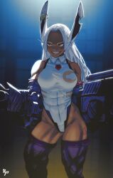 1girl abs absurdres animal_ears artist_name bare_shoulders boku_no_hero_academia breasts colorized commentary covered_abs covered_collarbone crescent_print dark-skinned_female dark_skin drzetch english_commentary grin highleg highleg_leotard highres horikoshi_kouhei large_breasts leotard long_eyelashes long_hair looking_to_the_side mechanical_arms mechanical_ears mirko moonlight notched_ear parted_bangs purple_thighhighs rabbit_ears rabbit_girl red_eyes scar scar_on_face smile solo thick_thighs thighhighs thighs toned toned_female very_long_hair white_hair white_leotard