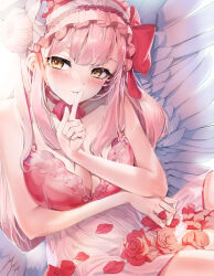 Rule 34 | 1girl, absurdres, angel wings, bed sheet, blue archive, blush, bra, breasts, cleavage, feathered wings, flower, hair bun, hair flower, hair ornament, highres, index finger raised, large breasts, long hair, looking at viewer, mika (blue archive), open mouth, petals, pink hair, purple flower, red bra, red flower, red rose, rnjs4967, rose, rose petals, single side bun, solo, underwear, white wings, wings, yellow eyes