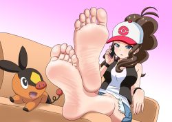 Rule 34 | 1girl, barefoot, baseball cap, blue eyes, blush, brown hair, cellphone, couch, creatures (company), feet, foot focus, game freak, gen 5 pokemon, hat, hilda (pokemon), long hair, looking at viewer, nintendo, nush advance, parted lips, phone, pokemon, pokemon (creature), pokemon bw, smartphone, soles, talking on phone, tepig, toes