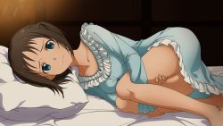 Rule 34 | 1girl, barefoot, bed, bed sheet, bedroom, blue dress, blue eyes, brown hair, closed mouth, collarbone, crown, dress, fetal position, game cg, highres, hugging own legs, indoors, looking at viewer, lying, official art, on side, pillow, ronye arabel, short dress, short hair, solo, sword art online