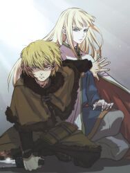 Rule 34 | 2boys, androgynous, blonde hair, blue eyes, blunt bangs, brown hair, canute, closed mouth, dagger, eyebrows, eyebrows hidden by hair, fighting stance, fur trim, highres, holding, holding dagger, holding knife, holding weapon, kneeling, knife, long hair, looking at viewer, male focus, messy hair, multiple boys, parted lips, prince, protecting, spring deers, thorfinn, viking, vinland saga, weapon