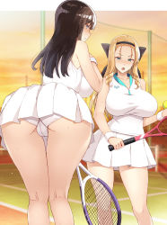 Rule 34 | 2girls, ass, ball, bare legs, blonde hair, blue eyes, breasts, brown hair, cameltoe, collarbone, cowboy shot, drill hair, embarrassed, evening, fence, girls und panzer, hair ribbon, hairband, highres, holding, holding ball, holding racket, impossible clothes, large breasts, long hair, looking at viewer, looking back, marie (girls und panzer), multiple girls, nakamura yukitoshi, nonna (girls und panzer), open mouth, outdoors, panties, parted lips, pleated skirt, racket, ribbon, shirt, skirt, sleeveless, sleeveless shirt, sportswear, tennis ball, tennis court, tennis net, tennis racket, tennis uniform, thighs, trefoil, underwear, white panties, white shirt, white skirt, wristband