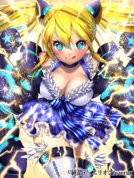 Rule 34 | 1girl, :q, blonde hair, blue eyes, blue skirt, blush, breasts, character request, cleavage, electricity, garter belt, junketsu duelion, large breasts, lightning, long hair, looking at viewer, mataro (matarou), mechanical arms, skirt, smile, solo, symbol-shaped pupils, tongue, tongue out, twintails, white legwear