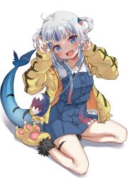 Rule 34 | 1girl, absurdres, blue eyes, blue hair, blue nails, blunt bangs, blush, body writing, boshi (a-ieba), commentary request, fins, fish tail, full body, gawr gura, hair ornament, highres, hololive, hololive english, jacket, looking at viewer, medium hair, multicolored hair, nail polish, open clothes, open jacket, open mouth, paw shoes, shark girl, shark hair ornament, shark tail, sharp teeth, silver hair, sitting, smile, solo, streaked hair, tail, teeth, two side up, virtual youtuber, wariza, white background