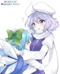 Rule 34 | 2girls, artist name, blouse, blue dress, blue eyes, blue hair, blush, bow, cirno, curvy, dress, green bow, highres, hug, ice, ice wings, letty whiterock, light purple hair, long sleeves, multiple girls, open mouth, ougi hina, ribbon, scarf, shirt, short hair, simple background, touhou, white background, white scarf, white shirt, wings