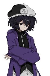 Rule 34 | 1other, androgynous, black eyes, black hair, black hat, black shirt, closed mouth, coat, crossed arms, frilled hat, frills, hat, len&#039;en, long sleeves, needless (toyaco), open clothes, open coat, other focus, purple coat, shirt, shitodo kuroji, short hair, simple background, smile, solo, triangular headpiece, white background, wide sleeves