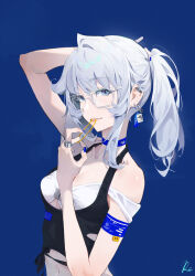 Rule 34 | 1girl, absurdres, adjusting hair, arm up, bare shoulders, blue background, blue choker, blue eyes, blue nails, choker, clothing request, commentary, earrings, english commentary, glasses, grey hair, halterneck, hand up, highres, jewelry, kingsle44411108, looking at viewer, mouth hold, nail polish, navel, original, ponytail, ring, sidelocks, signature, simple background, solo, upper body