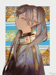 Rule 34 | 1girl, border, capelet, closed mouth, copyright name, dated, earrings, elf, frieren, green eyes, grey border, highres, jewelry, john kafka, long hair, outside border, pointy ears, profile, solo, sousou no frieren, twintails, upper body, white capelet