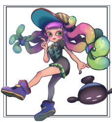 Rule 34 | 1girl, absurdres, baseball cap, black shirt, blunt bangs, blush, colored eyelashes, commentary request, eyelashes, fish, floating hair, full body, gradient hair, green eyes, green hair, green skirt, hair ornament, hand up, harmony&#039;s clownfish (splatoon), harmony (splatoon), hat, high tops, highres, long hair, looking at viewer, miniskirt, moromi (kscd4482), multicolored clothes, multicolored hair, multicolored hat, nintendo, open mouth, pink hair, pleated skirt, purple footwear, shirt, shoes, short sleeves, simple background, skirt, sneakers, solo, splatoon (series), splatoon 3, striped clothes, striped headwear, t-shirt, tentacle hair, very long hair, white background