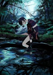 Rule 34 | 10s, 1boy, armor, black gloves, black hair, brown eyes, day, forest, gloves, highres, knife, log, looking at viewer, male focus, moss, mujica, nature, outdoors, river, sheath, sheathed, sitting, soaking feet, solo, straddling, touken ranbu, tree, water, yagen toushirou