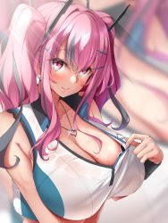 Rule 34 | 1girl, azur lane, bare shoulders, black bra, blush, bow, bra, breast hold, breasts, bremerton (azur lane), bremerton (scorching-hot training) (azur lane), cleavage, collarbone, commentary request, crop top, crop top overhang, grey hair, hair between eyes, hair bow, hair ornament, hairclip, heart, heart necklace, highres, jewelry, large breasts, light smile, long hair, looking at viewer, midoriiro no shinzou, mole, mole under eye, multicolored hair, necklace, pink eyes, pink hair, pink lips, pulled by self, see-through, smile, solo, streaked hair, sweat, twintails, two-tone hair, two-tone shirt, underwear, upper body, x hair ornament