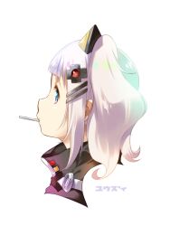 Rule 34 | 1girl, blue eyes, commentary request, hair ornament, kaguya luna, looking at viewer, mouth hold, profile, short hair, silver hair, simple background, solo, the moon studio, twintails, upper body, virtual youtuber, white background, yuuzii