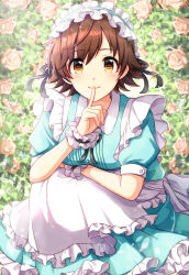 Rule 34 | 1girl, absurdres, apron, brown eyes, brown hair, dress, finger to mouth, flower, frilled dress, frills, green dress, headdress, highres, honda mio, idolmaster, idolmaster cinderella girls, idolmaster cinderella girls starlight stage, looking at viewer, open mouth, pink flower, pink rose, popon ta, rose, scrunchie, short hair, short sleeves, smile, solo, squatting, white apron