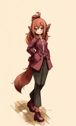 Rule 34 | 159cm, 1girl, animal ears, black pants, brown hair, closed mouth, earrings, fang, fang out, full body, grey background, hands in pockets, jacket, jewelry, looking at viewer, necklace, original, pants, pink shirt, ponytail, red eyes, red footwear, red jacket, shirt, shoes, simple background, single earring, skin fang, smile, solo, tail, wine-chan (159cm)