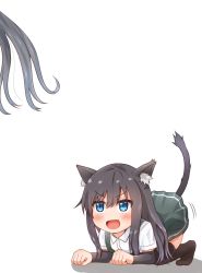 Rule 34 | 2girls, animal ears, arm warmers, asashio (kancolle), black hair, blue eyes, cat ears, cat tail, comiching, commentary request, fang, grey hair, grey skirt, highres, kantai collection, long hair, multiple girls, open mouth, pleated skirt, shirt, short sleeves, simple background, skirt, slit pupils, smile, solo focus, squatting, suspenders, tail, v-shaped eyebrows, white background, white shirt