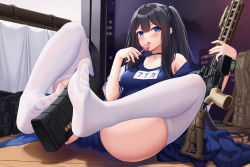 Rule 34 | 1girl, absurdres, allenes, assault rifle, black hair, blue eyes, blue one-piece swimsuit, breasts, candy, cartridge, choker, cross, cross choker, feet, feet on toy, food, foot focus, full body, gun, highres, holding, holding candy, holding food, holding gun, holding lollipop, holding weapon, holding with feet, indoors, lollipop, long hair, looking at viewer, magazine (weapon), medium breasts, no shoes, one-piece swimsuit, open clothes, open mouth, open shirt, original, rifle, school swimsuit, shirt, short sleeves, skirt, soles, solo, swimsuit, thighhighs, two side up, unworn skirt, very long hair, weapon, white shirt, white thighhighs, wooden floor