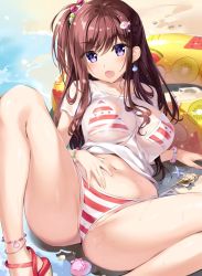 Rule 34 | 1girl, :o, ass, bare legs, beach, bead bracelet, beads, bikini, boku no kanojo sensei, bracelet, breasts, brown hair, cleavage, clothes lift, collarbone, day, earrings, fang, fish hair ornament, fujiki maka, hair bobbles, hair ornament, halterneck, innertube, jewelry, large breasts, long hair, looking at viewer, navel, one side up, open mouth, oryo (oryo04), outdoors, purple eyes, reclining, red bikini, sand, sandals, see-through, shell, shirt, shirt lift, short sleeves, sidelocks, solo, spread legs, starfish, stomach, striped bikini, striped clothes, swim ring, swimsuit, thighs, water, white shirt