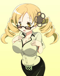 Rule 34 | 1girl, 5pb., baron (baron-eros), belt, bespectacled, blonde hair, blush, breasts, collarbone, cosplay, drill hair, glasses, hair ornament, hairpin, highres, impossible clothes, impossible shirt, kiryuu moeka, kiryuu moeka (cosplay), large breasts, long hair, mahou shoujo madoka magica, mahou shoujo madoka magica (anime), nitroplus, pants, pencil skirt, science adventure, shaft (company), shirt, skirt, solo, steins;gate, tomoe mami, twin drills, twintails, yellow background, yellow eyes, yellow theme