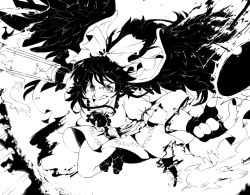 Rule 34 | 1girl, angry, asymmetrical clothes, black hair, black wings, bow, female focus, fingerless gloves, fingernails, gloves, greyscale, hair bow, high contrast, iroyopon, long hair, monochrome, open mouth, puffy sleeves, reiuji utsuho, short sleeves, skirt, solo, touhou, wings