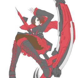 Rule 34 | 1girl, black dress, black hair, boots, breasts, cape, cloak, corset, crescent rose, dress, frilled dress, frills, full body, highres, hood, hooded cloak, medium breasts, red cape, red hair, ruby rose, rwby, scythe, short hair, grey eyes, solo, thighhighs