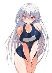 Rule 34 | 1girl, blush, breasts, character request, cleavage, hokuto (hokuto pk), large breasts, long hair, one-piece swimsuit, original, own hands together, red eyes, school swimsuit, silver hair, simple background, solo, swimsuit, white background