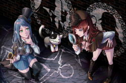 Rule 34 | 2girls, :&lt;, bell, bent over, black socks, blue eyes, blue flower, blue hair, blue rose, capelet, cat, collar, collared shirt, cytus, deemo, deemo (character), detective, flower, full body, green eyes, hand on own hip, hand on own chin, hat, hat flower, holding, holding smoking pipe, iris (cytus), jingle bell, kneehighs, knight iris, loafers, long hair, long sleeves, looking down, looking up, magnifying glass, miniskirt, monocle, multiple girls, neck bell, neck ribbon, official art, parted bangs, pleated skirt, red flower, red hair, red rose, ribbon, rosabel, rosabel (cytus), rose, shirt, shoes, silhouette, skirt, smoking pipe, socks, stitches, stroking own chin, swept bangs, thighhighs, top hat, zettai ryouiki