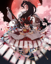 Rule 34 | 1girl, ascot, bare shoulders, bobby socks, bow, breasts, brown hair, crossed arms, detached sleeves, floating hair, frilled shirt collar, frills, full body, full moon, glowing, glowing eyes, gohei, hair between eyes, hair bow, hakurei reimu, higa (gominami), highres, holding, holding paper, knee up, long hair, looking at viewer, mary janes, medium breasts, moon, night, night sky, ofuda, paper, parted lips, petticoat, red bow, red eyes, red moon, red skirt, red vest, ribbon-trimmed sleeves, ribbon trim, shoes, skirt, sky, smile, smoke, socks, solo, sparkle, spell card, swept bangs, touhou, very long hair, vest, wide sleeves, yellow ascot, yin yang