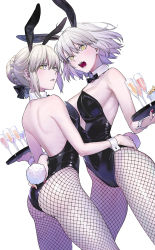 Rule 34 | 2girls, absurdres, animal ears, arm around waist, artoria pendragon (all), artoria pendragon (fate), ass, back, backless leotard, bare arms, bare shoulders, black bow, black legwear, black leotard, black neckwear, blonde hair, blush, bow, bowtie, breasts, champagne flute, cleavage, cup, detached collar, drinking glass, dutch angle, fake animal ears, fake tail, fate/grand order, fate (series), fishnet legwear, fishnets, hair bow, hair bun, highres, holding, holding tray, jeanne d&#039;arc (fate), jeanne d&#039;arc alter (avenger) (fate), jeanne d&#039;arc alter (fate), leotard, looking at viewer, looking back, medium breasts, multiple girls, nail polish, nipi27, open mouth, pantyhose, parted lips, playboy bunny, rabbit ears, rabbit tail, red nails, saber alter, short hair, silver hair, simple background, single hair bun, strapless, strapless leotard, tail, thighs, tray, v-shaped eyebrows, white background, wrist cuffs
