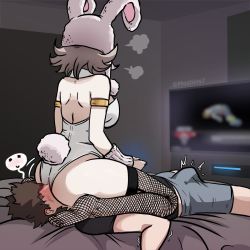 Rule 34 | 1boy, 1girl, animal ears, animal hood, ass, breasts, bulge, danganronpa (series), danganronpa 2: goodbye despair, erection, erection under clothes, fake animal ears, fake tail, fishnets, girl on top, heavy breathing, highres, hinata hajime, hood, leotard, mosbles, nanami chiaki, no shoes, official alternate costume, on bed, playboy bunny, playing games, rabbit ears, rabbit hood, rabbit tail, sitting, sitting on face, sitting on person, skindentation, spoken blush, tail, television, thighhighs