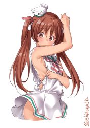 Rule 34 | 1girl, armpits, bare arms, bare shoulders, blush, breasts, brown eyes, brown hair, child, clothes pull, dark-skinned female, dark skin, dress, dress pull, ebifurya, from side, hair ribbon, hat, highres, kantai collection, libeccio (kancolle), long hair, looking at viewer, looking down, mini hat, open mouth, ribbon, sailor dress, simple background, sleeveless, sleeveless dress, small breasts, solo, striped ribbon, thighs, twintails, white background, white dress