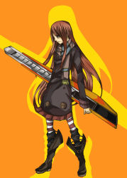 Rule 34 | 1girl, bad id, bad pixiv id, boots, boxcutter, brown hair, buttons, coat, cross-laced footwear, fringe trim, highres, iro marimo, kneehighs, leg warmers, long hair, original, oversized object, pantyhose, patterned legwear, pleated skirt, red socks, scarf, skirt, smile, socks, solo, striped clothes, striped pantyhose, striped socks, very long hair