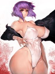 Rule 34 | 1girl, :o, android, black jacket, breasts, cameltoe, curvy, cyberpunk, eyebrows, fumio (rsqkr), ghost in the shell, ghost in the shell stand alone complex, highleg, highleg leotard, highres, jacket, kusanagi motoko, large breasts, leotard, looking at viewer, medium hair, off shoulder, open hand, purple hair, red eyes, science fiction, thighs, thong leotard, white leotard, wide hips