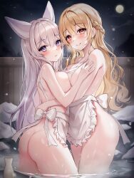Rule 34 | 2girls, absurdres, animal ears, apron, arched back, ass, blonde hair, braid, breast press, breasts, cleavage, closed mouth, commission, cream (cream), extra ears, fox ears, frilled apron, frills, from behind, highres, kuca (ku ca18), long hair, looking at viewer, looking back, looking to the side, medium breasts, mole, mole under eye, multiple girls, naked apron, night, onsen, original, outdoors, purple eyes, red eyes, second-party source, smile, standing, symmetrical docking, very long hair, wading, water, wavy hair, white apron, white hair