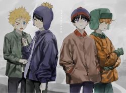 Rule 34 | &gt; o, 4boys, beanie, black hair, blonde hair, blue eyes, blue headwear, blue jacket, brown jacket, butters stotch, chamuring, chullo, closed mouth, copyright name, craig tucker, gloves, green eyes, green gloves, green headwear, grey background, hands in pockets, hat, highres, holding hands, jacket, kyle broflovski, long sleeves, messy hair, middle finger, multiple boys, one eye closed, open mouth, orange hair, orange jacket, pants, pom pom (clothes), simple background, south park, stan marsh, sweat, yellow eyes