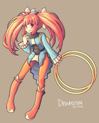 Rule 34 | 1girl, boots, dewprism, kimarin, knee boots, mint (dewprism), orange hair, orange pantyhose, pantyhose, simple background, solo, twintails