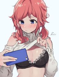 Rule 34 | 1girl, black bra, blue eyes, blush, bra, breasts, cellphone, clothes lift, highres, lifting own clothes, medium breasts, original, phone, pink hair, selfie, short hair, signature, smartphone, solo, sweater, sweater lift, turtleneck, twintails, underwear, uni (melm), upper body