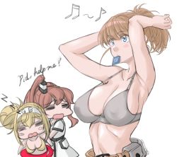 Rule 34 | 1other, 3girls, = =, abyssal ship, arms behind head, beamed eighth notes, belt, bikini, blonde hair, blue eyes, bra, breasts, brown hair, cleavage, collarbone, commentary request, condom, condom wrapper, dress, eighth note, enemy lifebuoy (kancolle), english text, gambier bay (kancolle), grey bra, hair ornament, hairband, highres, holding, holding own hair, innertube, intrepid (kancolle), kantai collection, large breasts, mouth hold, multiple girls, musical note, open clothes, open mouth, ponytail, saratoga (kancolle), short hair, side ponytail, sidelocks, simple background, smokestack, sozan, swim ring, swimsuit, twintails, underwear, upper body, white background, white dress, yellow bikini