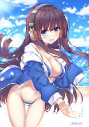 Rule 34 | 1girl, :d, azur lane, bare shoulders, beach, bikini, blue eyes, blue jacket, blue sky, blush, bow, breasts, brown hair, chain, cleavage, cloud, cloudy sky, commentary request, cowboy shot, day, front-tie bikini top, front-tie top, gluteal fold, groin, hair between eyes, halterneck, headphones, highres, horizon, jacket, large breasts, long hair, long island (azur lane), long sleeves, looking at viewer, navel, ocean, off shoulder, open clothes, open jacket, open mouth, out of frame, outdoors, sand, sky, sleeves past fingers, sleeves past wrists, smile, solo focus, swimsuit, t@ke-g, thigh gap, translation request, twitter username, very long hair, water, white bow