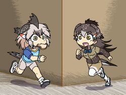 Rule 34 | 2girls, alternate design, bike shorts, bird girl, bird tail, bird wings, bow, bowtie, bread, bread slice, brown hair, chibi, clothes writing, commentary request, dual persona, food, food in mouth, full body, greater roadrunner (kemono friends), green eyes, grey hair, grey shorts, hair ornament, hair tubes, hairclip, head wings, kemono friends, late for school, long hair, long sleeves, looking afar, medium hair, mouth hold, multicolored hair, multiple girls, open mouth, pantyhose, running, shirt, shoes, short sleeves, shorts, srd (srdsrd01), t-shirt, tail, toast, toast in mouth, white pantyhose, wings
